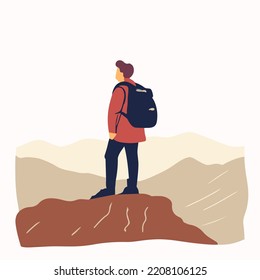 Explorer expedition standing on top of mountain or cliff. Traveler went for a long walk with his backpack looking at the touristic landscape. Vector illustration for nature, trekking, tourism topics.