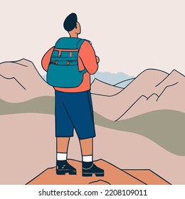 Expedición Explorer sobre la montaña o acantilado. El viajero se fue a dar un largo paseo con su mochila mirando el paisaje turístico. Ilustración vectorial de la naturaleza, senderismo, temas turísticos.