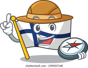 Explorer flag finland cartoon character holding a compass