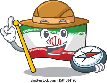 Explorer flag iran cartoon character holding a compass