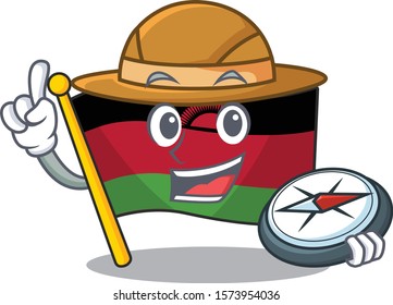 Explorer flag malawi cartoon character holding a compass