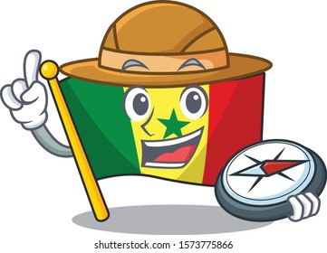 Explorer Flag Senegal cartoon character holding a compass