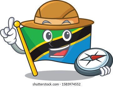 Explorer flag tanzania cartoon character holding a compass