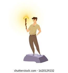 Explorer flat color vector illustration. Male adventurer with torch. Man standing with flambeau. Venturer smiling. Trailblazer in khaki uniform. Tourist isolated cartoon character on white background