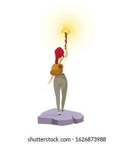 Explorer flat color vector illustration. Female adventurer with torch. Woman standing with flambeau. Backpacker searching for path. Tourist isolated cartoon character on white background