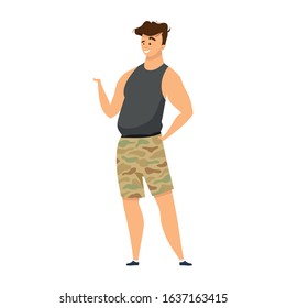 Explorer flat color vector illustration. Adventurer in army undergarment. Male in camouflage shorts. Military style cloth. Expeditioner isolated cartoon character on white background