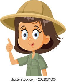 Explorer Girl Wearing Safari Costume Holding Thumbs Up Vector Cartoon. Cute young explorer having a positive attitude willing to learn and discover
