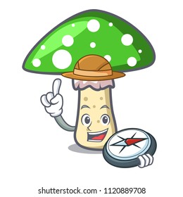 Explorer green amanita mushroom mascot cartoon