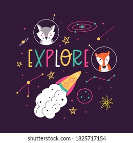Explorer hand-drawn vector lettering. Cosmos exploration. Decorative background with space elements and animals. Suitable for T shirt, poster design element. 