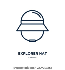 explorer hat icon from camping collection. Thin linear explorer hat, hat, explore outline icon isolated on white background. Line vector explorer hat sign, symbol for web and mobile