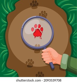 Explorer Holding Magnifier Find Clue On Footstep Animal. Wildlife Illustration Vector