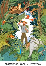 An Explorer In The Indian Jungle Stands Among The Hidden Animals. Funny Cartoon Character. Vector Illustration