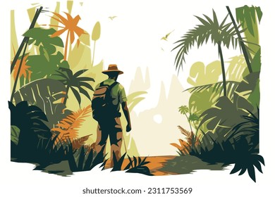 Explorer in the Jungle surrounded by lush vegetation. Alone in a rainforest vector illustration.