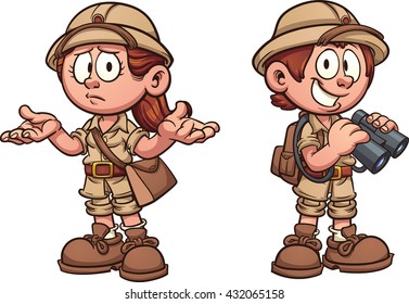 Explorer kids in safari outfits. Vector clip art cartoon illustration with simple gradients. Each on a separate layer.