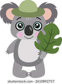 Explorer koala a with hat holding a leaf
