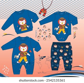 Explorer Lion Baby Outfit Set - Blue Adventure Themed Bodysuit, Shirt and Pants for Babies