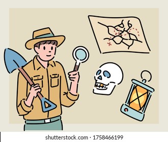 Un explorador busca artefactos con un mapa antiguo. ilustraciones de diseño vectorial de estilo dibujado a mano. 