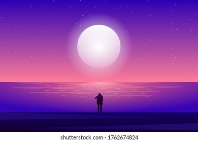 Explorer looking at sunset sky and sea background