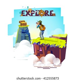 Explorer Man With Binocular On Top Of The Mountain Looking For Treasure. Backpacker Character. Adventure And Explore Concept. Typographic For Header Design - Vector Illustration