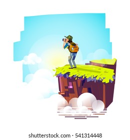 Explorer man with binocular on top of the mountain looking for something new. backpacker character. adventure and explore concept.   - vector illustration

