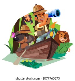 Explorer Man With His Dog Rowing On The Wooden Boat In Rain Forest River To Explorer For Animal And Nature - Vector Illustration