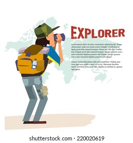 explorer  man with  telescope. backpacker character. adventure concept - vector illustration