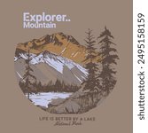 explorer mountain print design, hand drawn water color vintage rocky mountain, adventure outdoors national park, autumn winter t-shirt print design