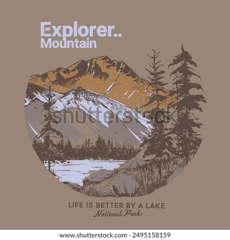 explorer mountain print design, hand drawn water color vintage rocky mountain, adventure outdoors national park, autumn winter t-shirt print design