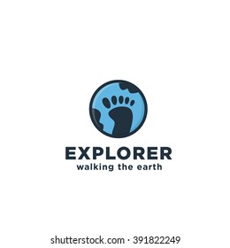 Explorer Original Conceptual Simple Minimal Symbol Composed of Earth & Foot Print Image.  Memorable Visual Metaphor. Represents the Concept of Adventure, Tourism, Freedom, Exploration, Journey etc.