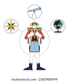 Explorer person archetype flat line concept vector hero illustration. Traveler with backpack 2D cartoon outline character on white for web UI design. Psychology editable isolated color hero image