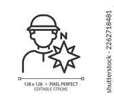 Explorer pixel perfect linear icon. Inquisitive person. Adventurer. Character and brand archetype. Psychoanalysis. Thin line illustration. Contour symbol. Vector outline drawing. Editable stroke