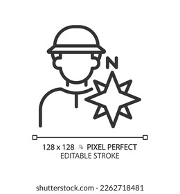 Explorer pixel perfect linear icon. Inquisitive person. Adventurer. Character and brand archetype. Psychoanalysis. Thin line illustration. Contour symbol. Vector outline drawing. Editable stroke