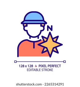 Explorer pixel perfect RGB color icon. Inquisitive person. Adventurer. Character and brand archetype. Psychoanalytic theory. Isolated vector illustration. Simple filled line drawing. Editable stroke