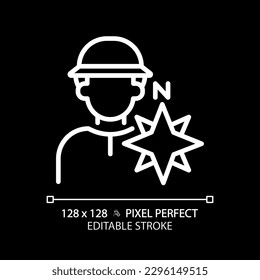 Explorer pixel perfect white linear icon for dark theme. Inquisitive person. Adventurer. Character and brand archetype. Thin line illustration. Isolated symbol for night mode. Editable stroke