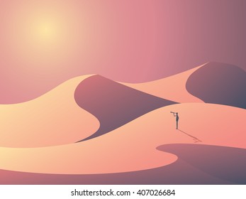 Explorer in sand dunes on a desert. Landscape vector illustration with man outdoors. Business symbol of vision, goals and ambition. Eps10 vector illustration.