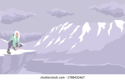 Explorer sitting on top of a mountain or cliff in outdoor park and looking at landscape.Cartoon flat illustration concept of journey,exploration,discovery,hiking,adventure,tourism,travel,trip