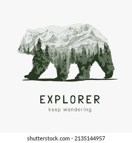 slogan explorador con vista de montaña alpina en ilustración vectorial de forma de oso