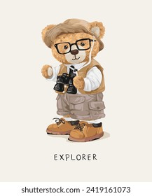 explorer slogan with bear doll in safari uniform hand drawn vector illustration