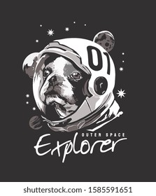 explorer slogan with b/w dog in astronaut helmet illustration on black background