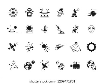 Explorer space icons. Telescope shuttle astronauts in moon and various planets satellites. Vector silhouettes of space pictures. Illustration of telescope and satellite moon, astronaut and shuttle