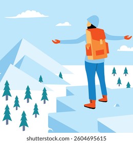 Explorer Standing on Cliff – Winter Mountain Adventure Vector Illustration