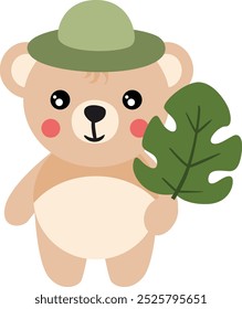 Explorer tedy bear with hat holding a leaf