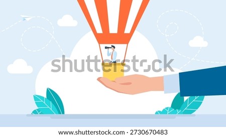 Explorer with telescope in hot air balloon. Business man on hot air balloon looking through a spyglass in the sky. People looking for ways to profit and succeed at work. Vector illustration