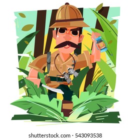 Explorer Walking In The Jungle Holding A Knife And Lantern. Character Design. Exploration Concept - Vector Illustration