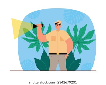Explorer walking through forest, using flashlight for lighting, jungle vector illustration.