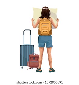 explorer woman back with travel suitcases and backpack icon over white background, vector illustration