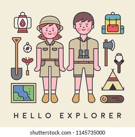 Explorers characters and exploration equipment icons. outline style flat design style vector graphic illustration set