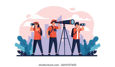 Explorers Discovering Nature Outdoors with Binoculars and Telescope Illustration in Vector Style