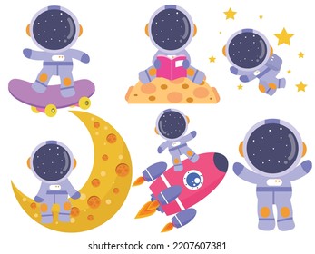 The explorers kids in space with special suit, helmet, rocket, flag, skate board, book. Cute boys and girls cosmonauts in zero grafity. Illustration vector graphic little astronauts isolated on white