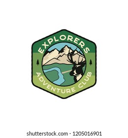 Explorers Logo Emblem. Vintage hand drawn travel badge. Featuring mountain valley with deer and river scene. Adventure club patch. Stock vector hike, wanderlust insignia isolated.